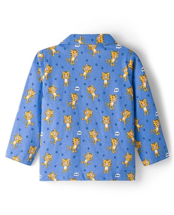 Babyhug Cotton Knit Full Sleeves Co-ords Night Suit With Animal Print - Blue