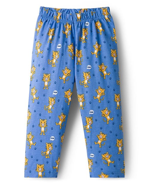 Babyhug Cotton Knit Full Sleeves Co-ords Night Suit With Animal Print - Blue