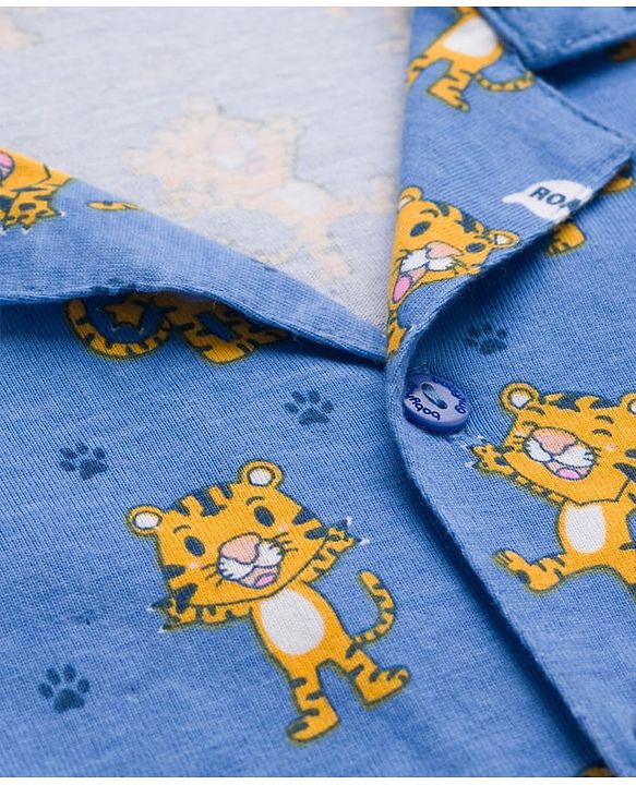 Babyhug Cotton Knit Full Sleeves Co-ords Night Suit With Animal Print - Blue