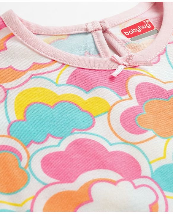 Babyhug Cotton Knit Full Sleeves Nighty With Cloud Print - Pink