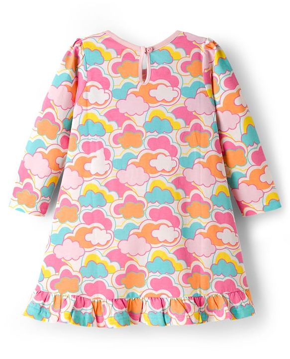 Babyhug Cotton Knit Full Sleeves Nighty With Cloud Print - Pink