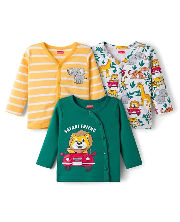 Babyhug 100% Cotton Interlock Knit Jhablas With Animal Print Pack Of 3 - Green Yellow & White