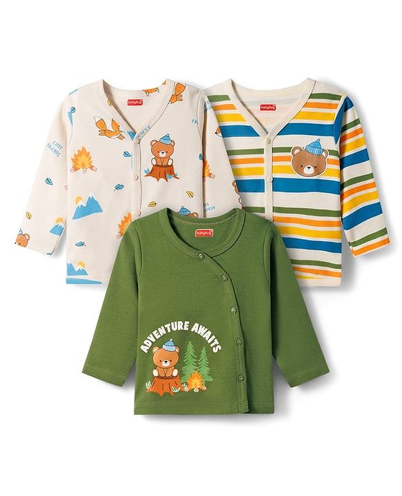 Babyhug 100% Cotton Knit Full Sleeves Striped Jhablas with Bear Print Pack of 3 - Multicolor
