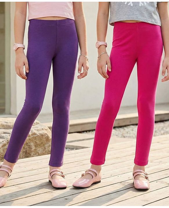 Pine Kids Cotton Lycra Knit Full Length Solid Leggings Pack Of 2 - Fuchsia & Purple