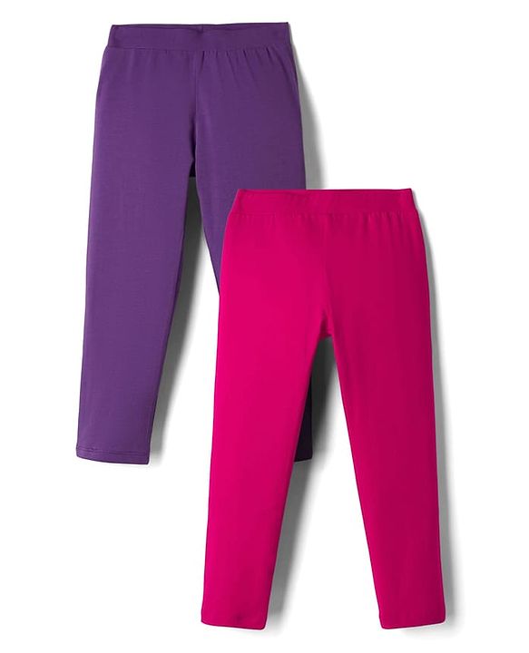 Pine Kids Cotton Lycra Knit Full Length Solid Leggings Pack Of 2 - Fuchsia & Purple