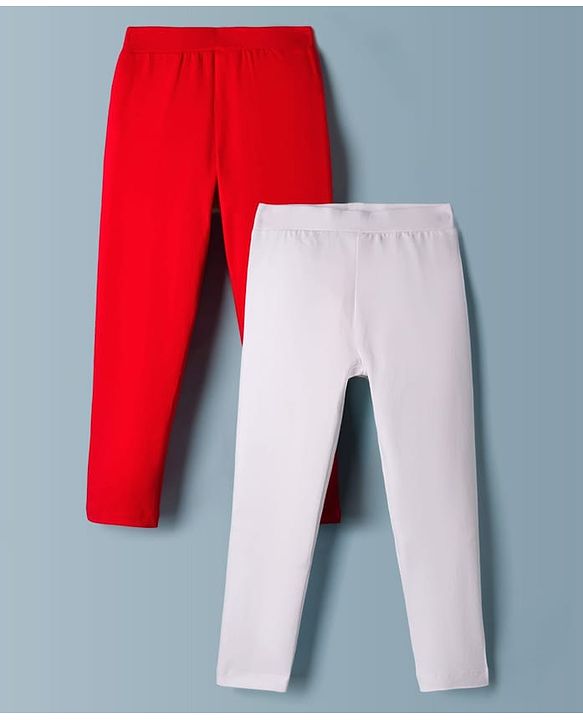Pine Kids Cotton Lycra Knit Full Length Solid Leggings Pack Of 2 - White & Red