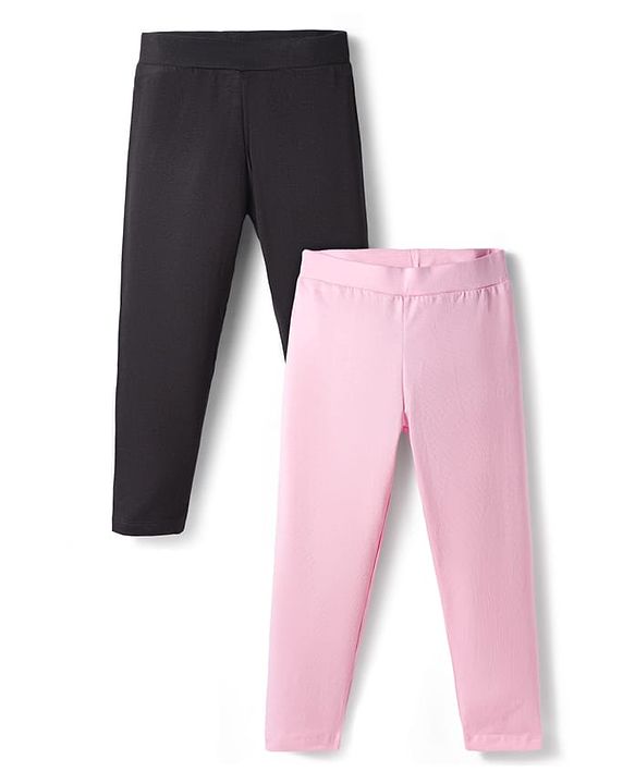 Pine Kids Cotton Lycra Knit Full Length Solid Color Leggings Pack of 2 - Black & Pink