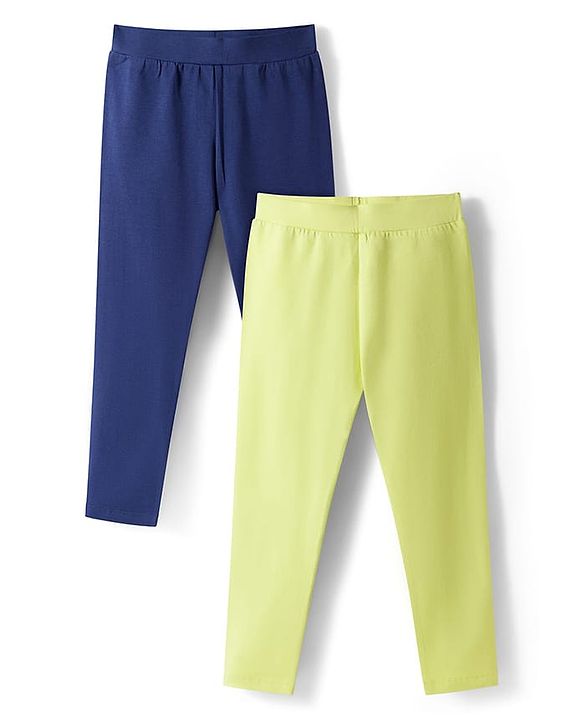 Pine Kids Cotton Lycra Knit Full Length Solid Leggings Pack of 2 - Lime Green & Navy Blue