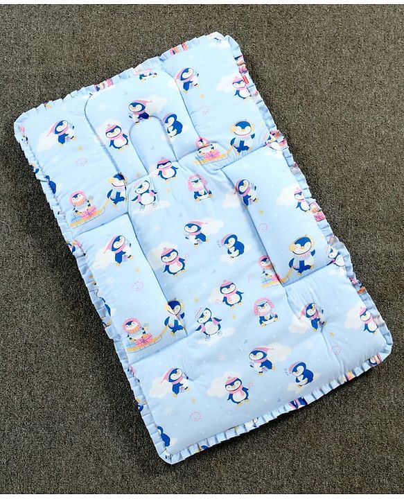 Babyhug 100% Cotton Fix Pillow Mat With Penguin Print - Blue| Soft & Comfortable| Light Weight & Travel Friendly| Foldable| New Born Gifting Option| Boys & Girls| Use on Floor Cribs Cots or Cradle