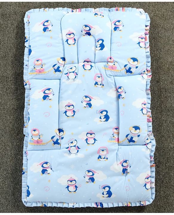 Babyhug 100% Cotton Fix Pillow Mat With Penguin Print - Blue| Soft & Comfortable| Light Weight & Travel Friendly| Foldable| New Born Gifting Option| Boys & Girls| Use on Floor Cribs Cots or Cradle