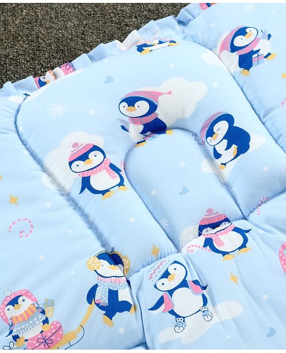 Babyhug 100% Cotton Fix Pillow Mat With Penguin Print - Blue| Soft & Comfortable| Light Weight & Travel Friendly| Foldable| New Born Gifting Option| Boys & Girls| Use on Floor Cribs Cots or Cradle