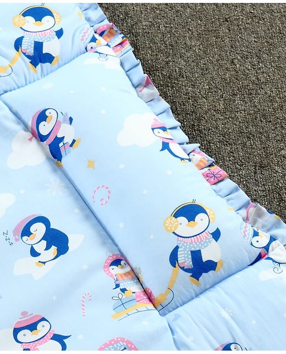 Babyhug 100% Cotton Fix Pillow Mat With Penguin Print - Blue| Soft & Comfortable| Light Weight & Travel Friendly| Foldable| New Born Gifting Option| Boys & Girls| Use on Floor Cribs Cots or Cradle