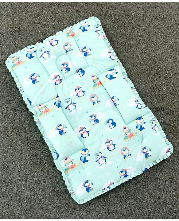 Babyhug 100% Cotton Fix Pillow Mat With Penguin Print - Blue| Soft & Comfortable| Light Weight & Travel Friendly| Foldable| New Born Gifting Option| Boys & Girls| Use on Floor Cribs Cots or Cradle