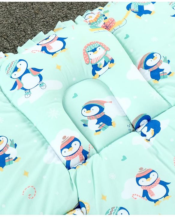 Babyhug 100% Cotton Fix Pillow Mat With Penguin Print - Blue| Soft & Comfortable| Light Weight & Travel Friendly| Foldable| New Born Gifting Option| Boys & Girls| Use on Floor Cribs Cots or Cradle