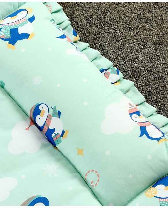 Babyhug 100% Cotton Fix Pillow Mat With Penguin Print - Blue| Soft & Comfortable| Light Weight & Travel Friendly| Foldable| New Born Gifting Option| Boys & Girls| Use on Floor Cribs Cots or Cradle
