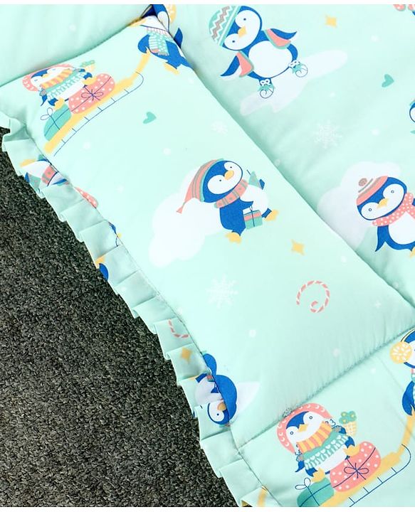 Babyhug 100% Cotton Fix Pillow Mat With Penguin Print - Blue| Soft & Comfortable| Light Weight & Travel Friendly| Foldable| New Born Gifting Option| Boys & Girls| Use on Floor Cribs Cots or Cradle