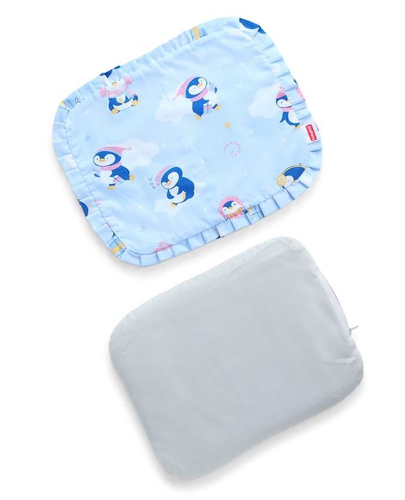 Babyhug Head Shaping Mustard Seed Pillow Penguin Print - Blue| 1 Kg Natural Rai| Cotton Removable Cover| Natural Warming Property|Prevents Cold & Flat Head Syndrome| NewBorn Neck & Shoulder Support
