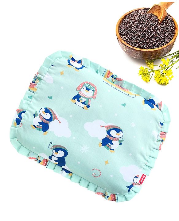 Babyhug Head Shaping Mustard Seed Pillow Penguin Print - Blue| 1 Kg Natural Rai| Cotton Removable Cover| Natural Warming Property|Prevents Cold & Flat Head Syndrome| NewBorn Neck & Shoulder Support