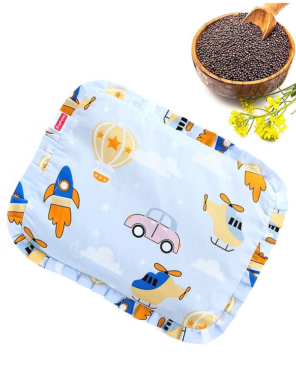 Babyhug Head Shaping Mustard Seed Pillow Penguin Print - Blue| 1 Kg Natural Rai| Cotton Removable Cover| Natural Warming Property|Prevents Cold & Flat Head Syndrome| NewBorn Neck & Shoulder Support