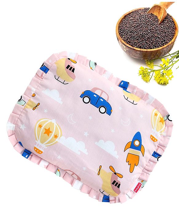 Babyhug Head Shaping Mustard Seed Pillow Penguin Print - Blue| 1 Kg Natural Rai| Cotton Removable Cover| Natural Warming Property|Prevents Cold & Flat Head Syndrome| NewBorn Neck & Shoulder Support