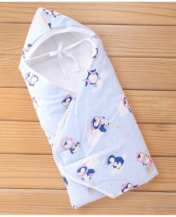 Babyhug 100% Cotton Hooded Quilted Wrapper Penguin Print - Blue| Travel Friendly| Washable and Easy to Maintain| Breathable Fabric| Velcro Closure| Warm and Cozy| New Born Gifting Option
