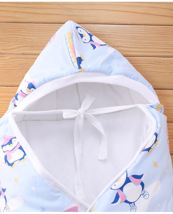 Babyhug 100% Cotton Hooded Quilted Wrapper Penguin Print - Blue| Travel Friendly| Washable and Easy to Maintain| Breathable Fabric| Velcro Closure| Warm and Cozy| New Born Gifting Option