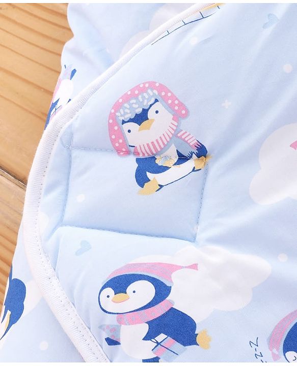 Babyhug 100% Cotton Hooded Quilted Wrapper Penguin Print - Blue| Travel Friendly| Washable and Easy to Maintain| Breathable Fabric| Velcro Closure| Warm and Cozy| New Born Gifting Option