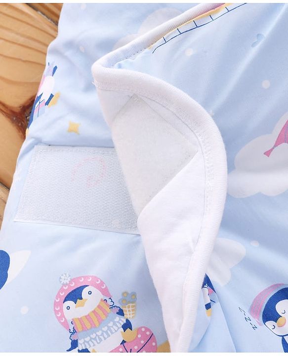 Babyhug 100% Cotton Hooded Quilted Wrapper Penguin Print - Blue| Travel Friendly| Washable and Easy to Maintain| Breathable Fabric| Velcro Closure| Warm and Cozy| New Born Gifting Option