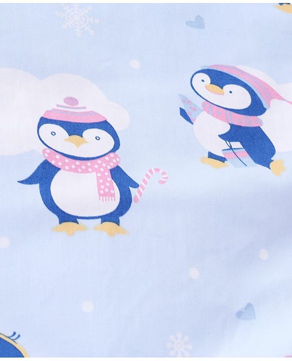 Babyhug 100% Cotton Hooded Quilted Wrapper Penguin Print - Blue| Travel Friendly| Washable and Easy to Maintain| Breathable Fabric| Velcro Closure| Warm and Cozy| New Born Gifting Option