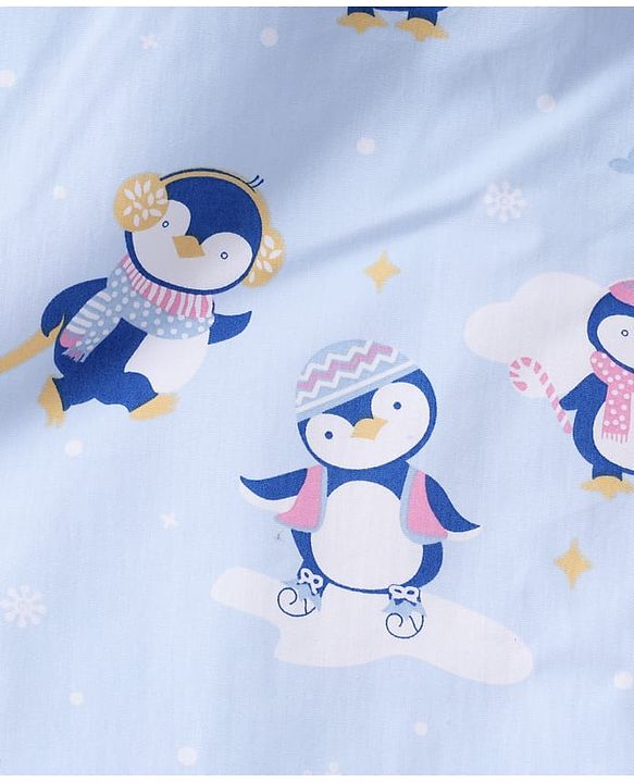 Babyhug 100% Cotton Hooded Quilted Wrapper Penguin Print - Blue| Travel Friendly| Washable and Easy to Maintain| Breathable Fabric| Velcro Closure| Warm and Cozy| New Born Gifting Option