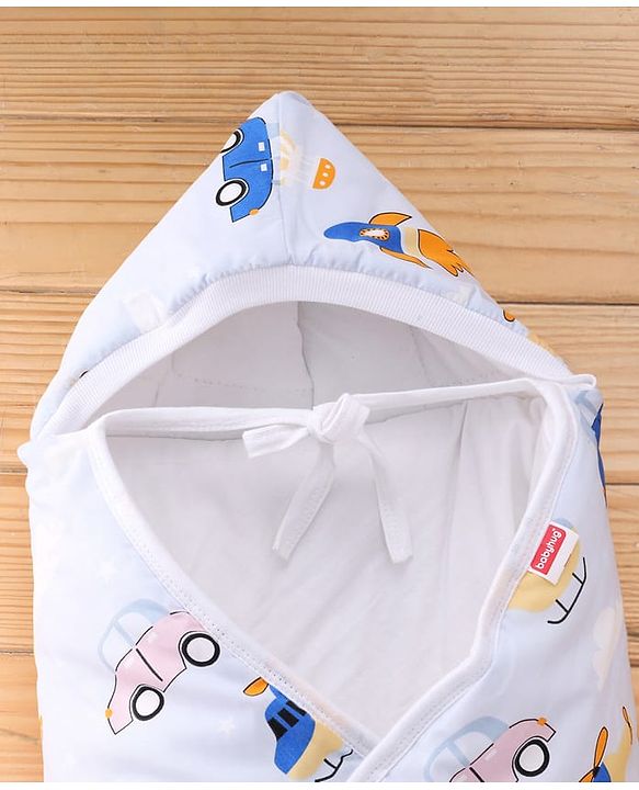 Babyhug 100% Cotton Hooded Quilted Wrapper Penguin Print - Blue| Travel Friendly| Washable and Easy to Maintain| Breathable Fabric| Velcro Closure| Warm and Cozy| New Born Gifting Option