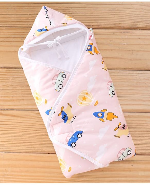 Babyhug 100% Cotton Hooded Quilted Wrapper Penguin Print - Blue| Travel Friendly| Washable and Easy to Maintain| Breathable Fabric| Velcro Closure| Warm and Cozy| New Born Gifting Option