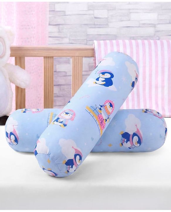 Babyhug Bolsters Penguin Print Set of 2 - Blue| 100% Cotton Outer Cover| Soft Poly Filling| Safe Sleep| Girls and Boys| Protection from Crib Railing| New Born Gifting Option