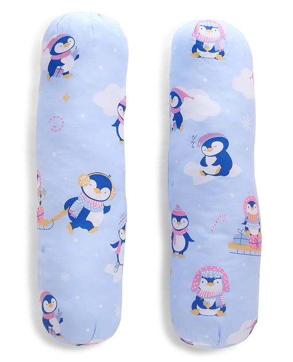Babyhug Bolsters Penguin Print Set of 2 - Blue| 100% Cotton Outer Cover| Soft Poly Filling| Safe Sleep| Girls and Boys| Protection from Crib Railing| New Born Gifting Option