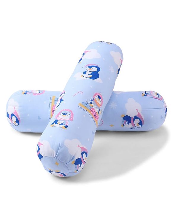 Babyhug Bolsters Penguin Print Set of 2 - Blue| 100% Cotton Outer Cover| Soft Poly Filling| Safe Sleep| Girls and Boys| Protection from Crib Railing| New Born Gifting Option