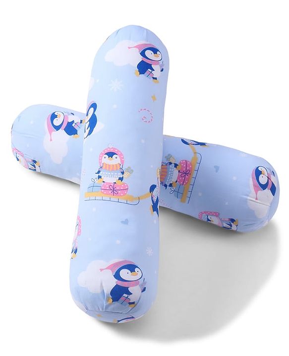 Babyhug Bolsters Penguin Print Set of 2 - Blue| 100% Cotton Outer Cover| Soft Poly Filling| Safe Sleep| Girls and Boys| Protection from Crib Railing| New Born Gifting Option