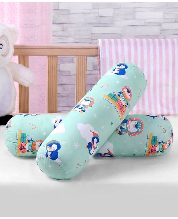 Babyhug Bolsters Penguin Print Set of 2 - Blue| 100% Cotton Outer Cover| Soft Poly Filling| Safe Sleep| Girls and Boys| Protection from Crib Railing| New Born Gifting Option