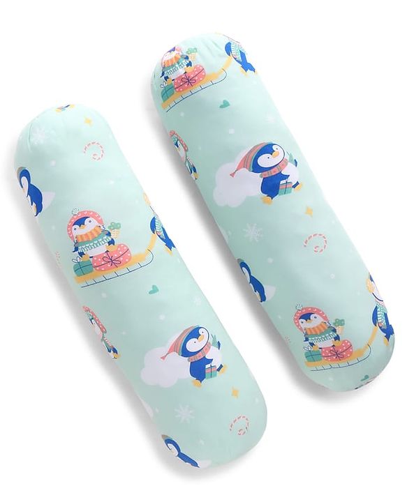 Babyhug Bolsters Penguin Print Set of 2 - Blue| 100% Cotton Outer Cover| Soft Poly Filling| Safe Sleep| Girls and Boys| Protection from Crib Railing| New Born Gifting Option