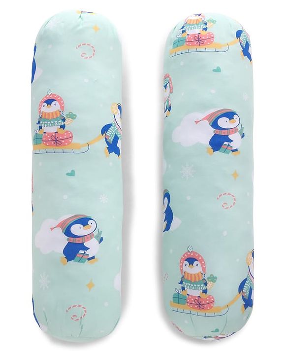 Babyhug Bolsters Penguin Print Set of 2 - Blue| 100% Cotton Outer Cover| Soft Poly Filling| Safe Sleep| Girls and Boys| Protection from Crib Railing| New Born Gifting Option