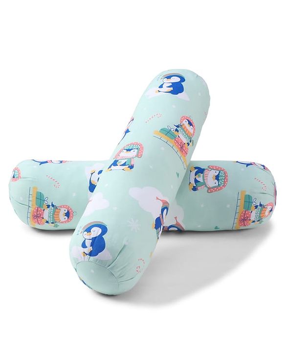 Babyhug Bolsters Penguin Print Set of 2 - Blue| 100% Cotton Outer Cover| Soft Poly Filling| Safe Sleep| Girls and Boys| Protection from Crib Railing| New Born Gifting Option