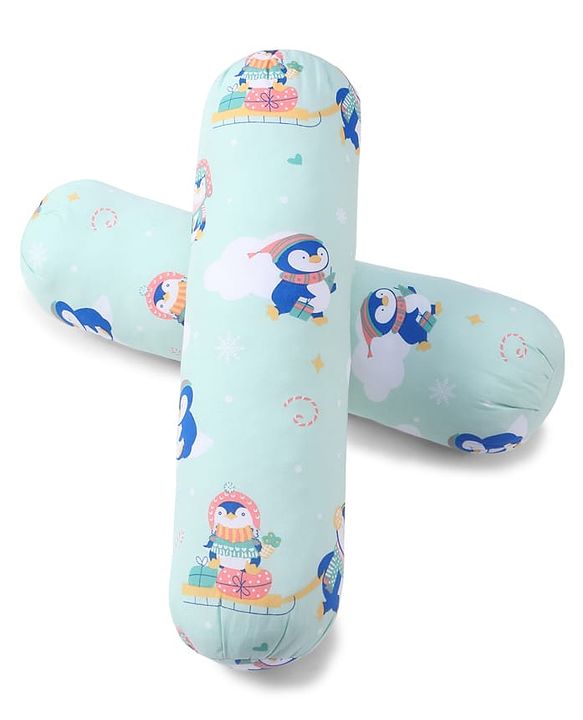 Babyhug Bolsters Penguin Print Set of 2 - Blue| 100% Cotton Outer Cover| Soft Poly Filling| Safe Sleep| Girls and Boys| Protection from Crib Railing| New Born Gifting Option