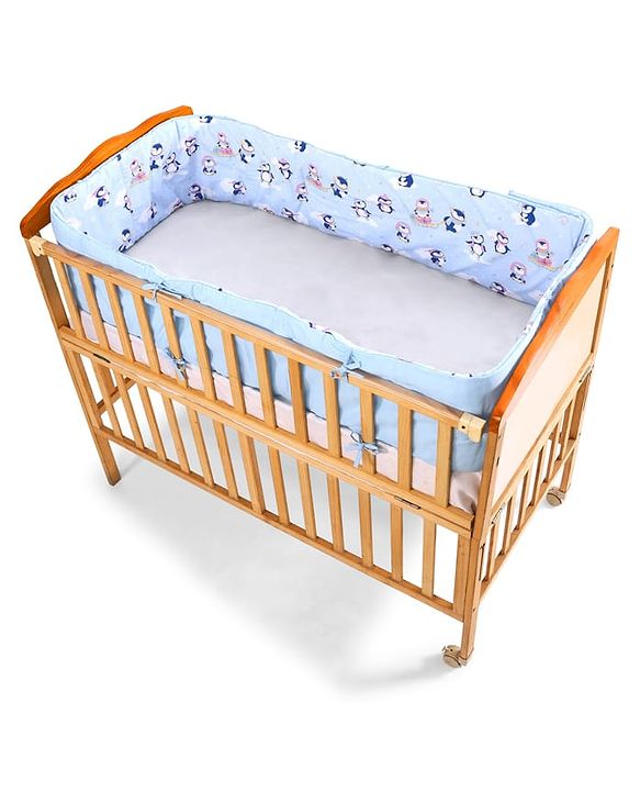 Babyhug 100% Cotton Cot Bumper Penguin Print - Blue| Soft Protective Padding| Breathable & Comfortable| Washable| Easy to Assemble| Compact Folding for Storage| Prevents Bumping into Crib Sides