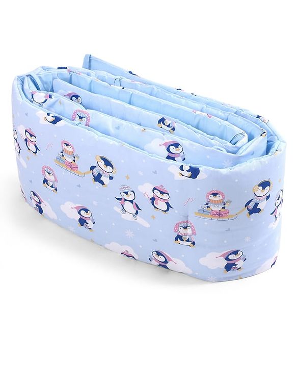 Babyhug 100% Cotton Cot Bumper Penguin Print - Blue| Soft Protective Padding| Breathable & Comfortable| Washable| Easy to Assemble| Compact Folding for Storage| Prevents Bumping into Crib Sides