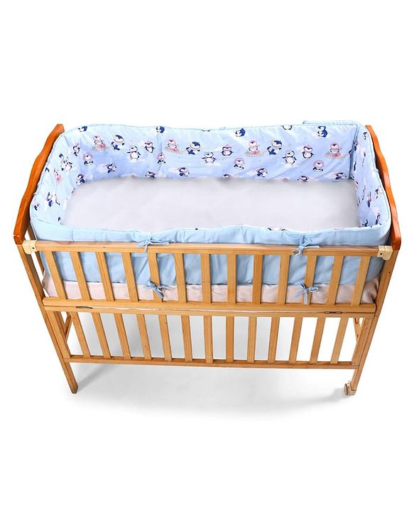 Babyhug 100% Cotton Cot Bumper Penguin Print - Blue| Soft Protective Padding| Breathable & Comfortable| Washable| Easy to Assemble| Compact Folding for Storage| Prevents Bumping into Crib Sides