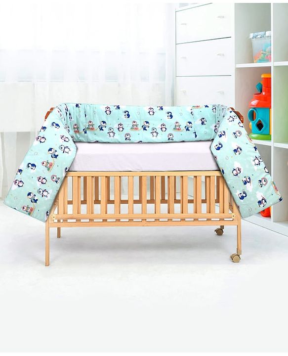 Babyhug 100% Cotton Cot Bumper Penguin Print - Blue| Soft Protective Padding| Breathable & Comfortable| Washable| Easy to Assemble| Compact Folding for Storage| Prevents Bumping into Crib Sides