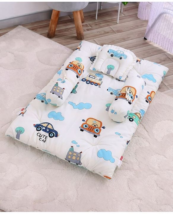 Babyhug 100% Cotton Gadda Bedding Set Cute Car Print - White| Soft & Breathable Cotton Shell| Mattress with Pillow & 2 Bolsters| Gentle Cushioned Support| Gifting Option for 0 to 12 Months