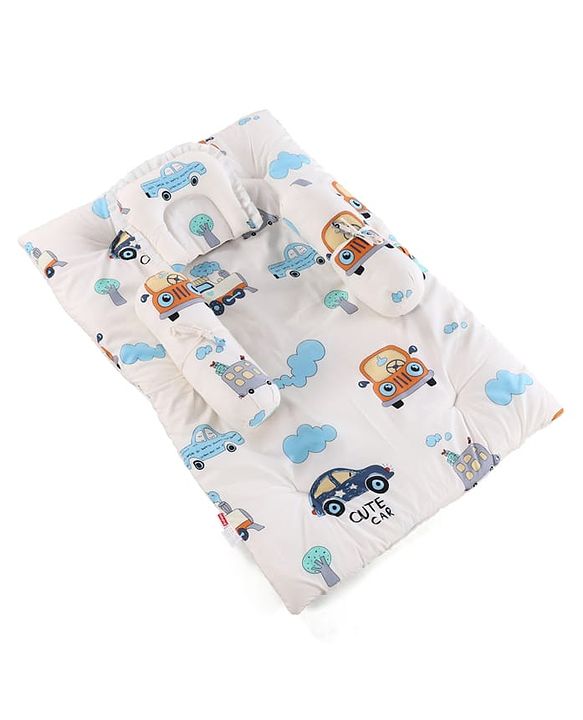 Babyhug 100% Cotton Gadda Bedding Set Cute Car Print - White| Soft & Breathable Cotton Shell| Mattress with Pillow & 2 Bolsters| Gentle Cushioned Support| Gifting Option for 0 to 12 Months