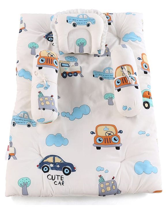 Babyhug 100% Cotton Gadda Bedding Set Cute Car Print - White| Soft & Breathable Cotton Shell| Mattress with Pillow & 2 Bolsters| Gentle Cushioned Support| Gifting Option for 0 to 12 Months