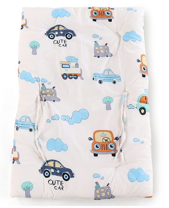 Babyhug 100% Cotton Gadda Bedding Set Cute Car Print - White| Soft & Breathable Cotton Shell| Mattress with Pillow & 2 Bolsters| Gentle Cushioned Support| Gifting Option for 0 to 12 Months