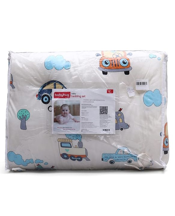 Babyhug 100% Cotton Gadda Bedding Set Cute Car Print - White| Soft & Breathable Cotton Shell| Mattress with Pillow & 2 Bolsters| Gentle Cushioned Support| Gifting Option for 0 to 12 Months